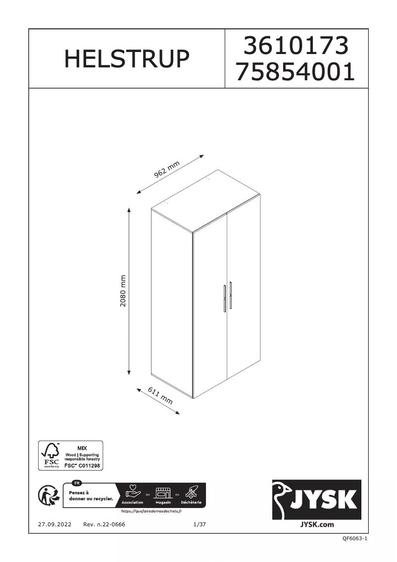 Page 1 de la notice Manuel utilisateur JYSK HELSTRUP 97x208