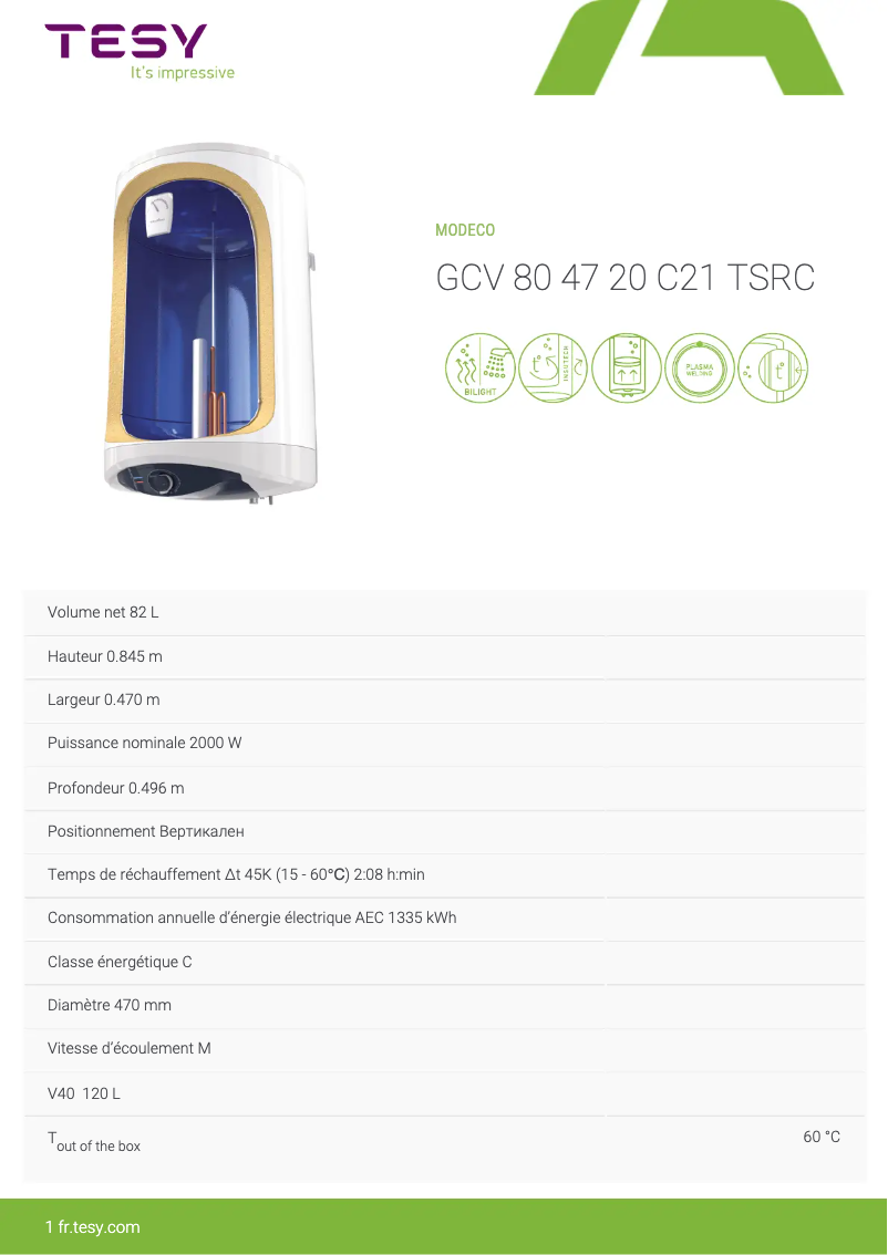 Page 1 de la notice Fiche technique Tesy ModEco 80