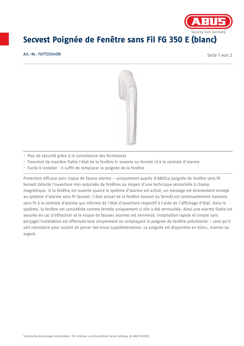 Page n°1 - Fiche technique Abus FUFT50040W