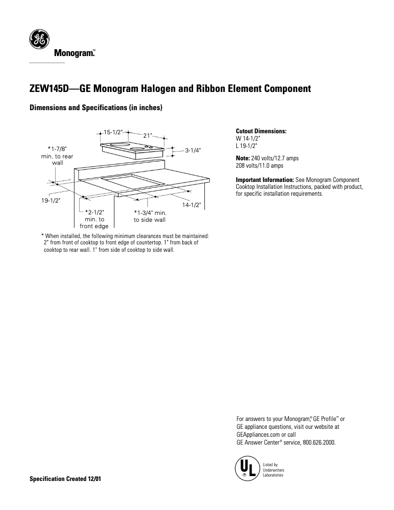 Page 1 de la notice Fiche technique GE ZEW145DSS