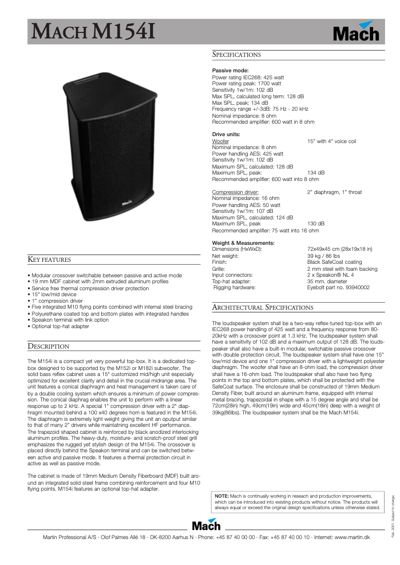 Page 1 de la notice Fiche technique Martin M154i