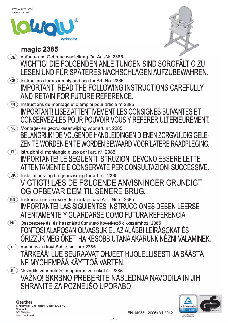 Page 1 de la notice Manuel utilisateur Geuther Magic