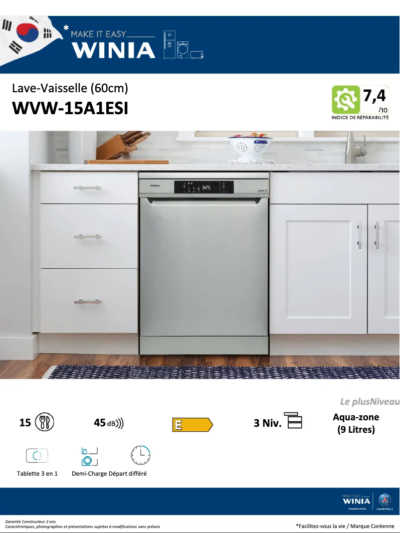 Page 1 de la notice Fiche technique Winia WVW-15A1ESI
