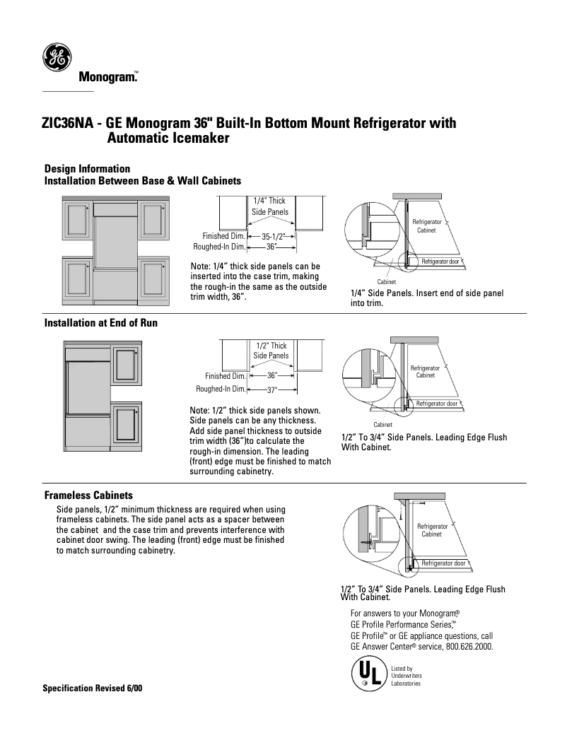 Page 1 de la notice Fiche technique GE ZIC36NALH