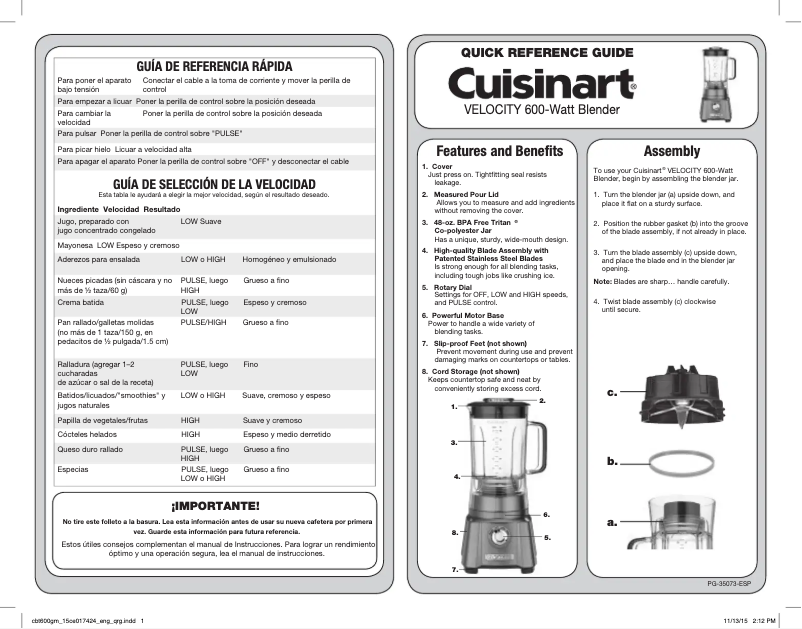 Page 1 de la notice Manuel utilisateur Cuisinart Velocity CBT-600