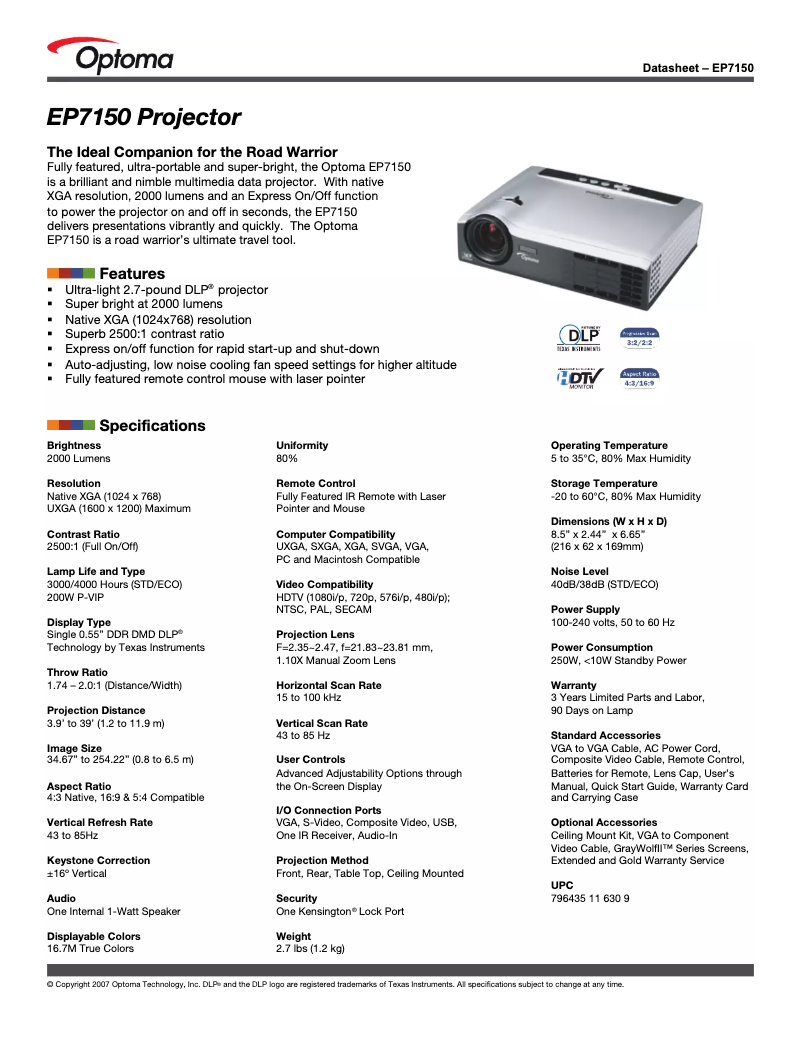 Page 1 de la notice Manuel utilisateur Optoma EP7150