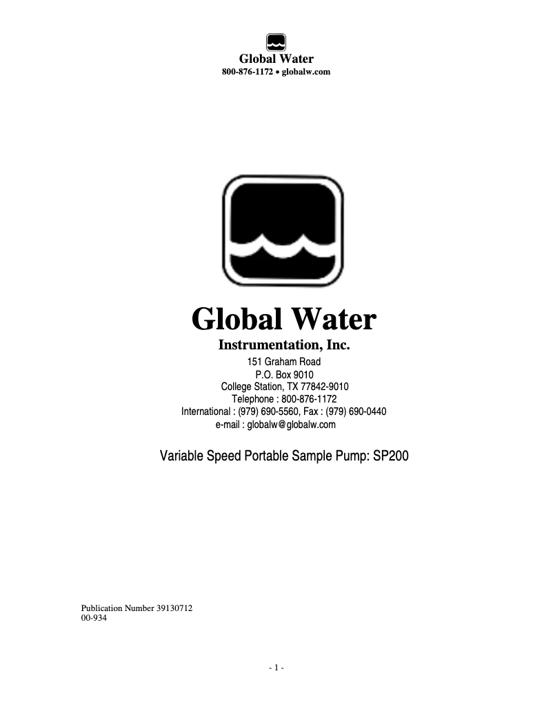 Page n°1 - Manuel utilisateur Global Water SP200
