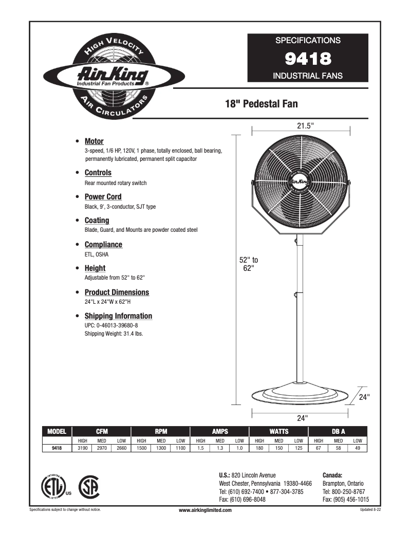 Page 1 de la notice Fiche technique Air King 9418