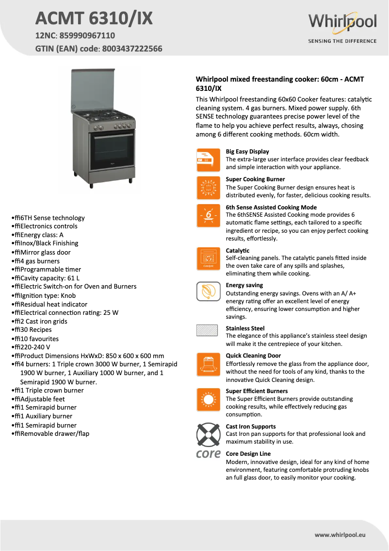 Page 1 de la notice Fiche technique Whirlpool ACMT 6310/IX