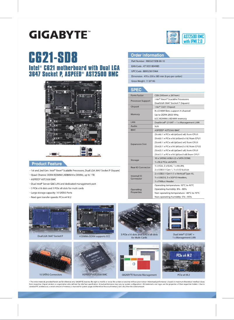 Page 1 de la notice Fiche technique Gigabyte C621-SD8