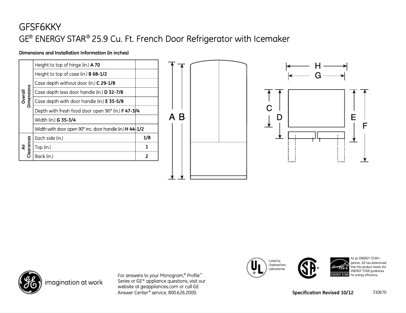 Page 1 de la notice Fiche technique GE GFSF6KKYWW