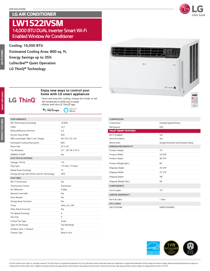 Página 1 del manual Ficha técnica LG LW1522IVSM