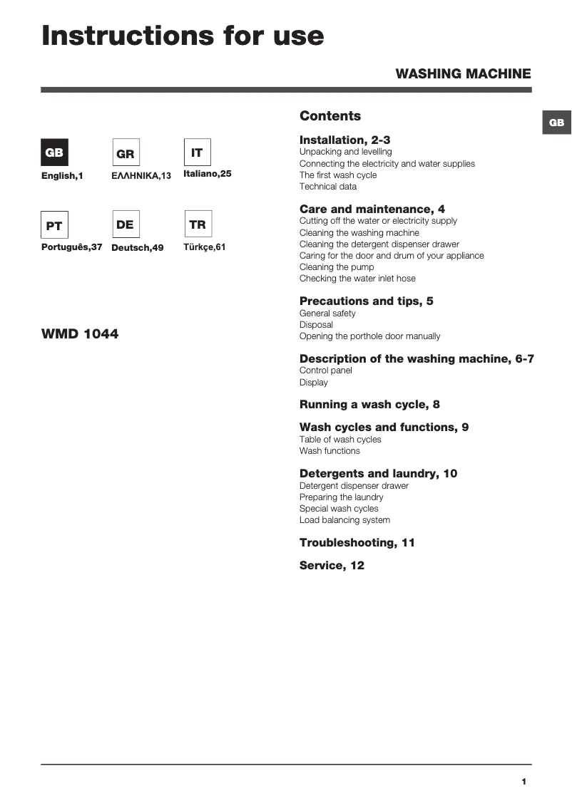 Page n°1 - Manuel utilisateur Hotpoint WMD 1044BX