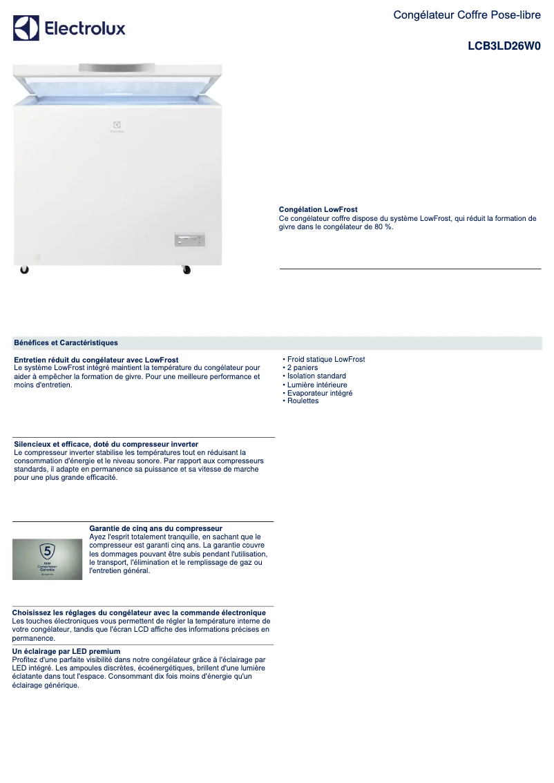Page 1 de la notice Fiche technique Electrolux LCB3LD26W0