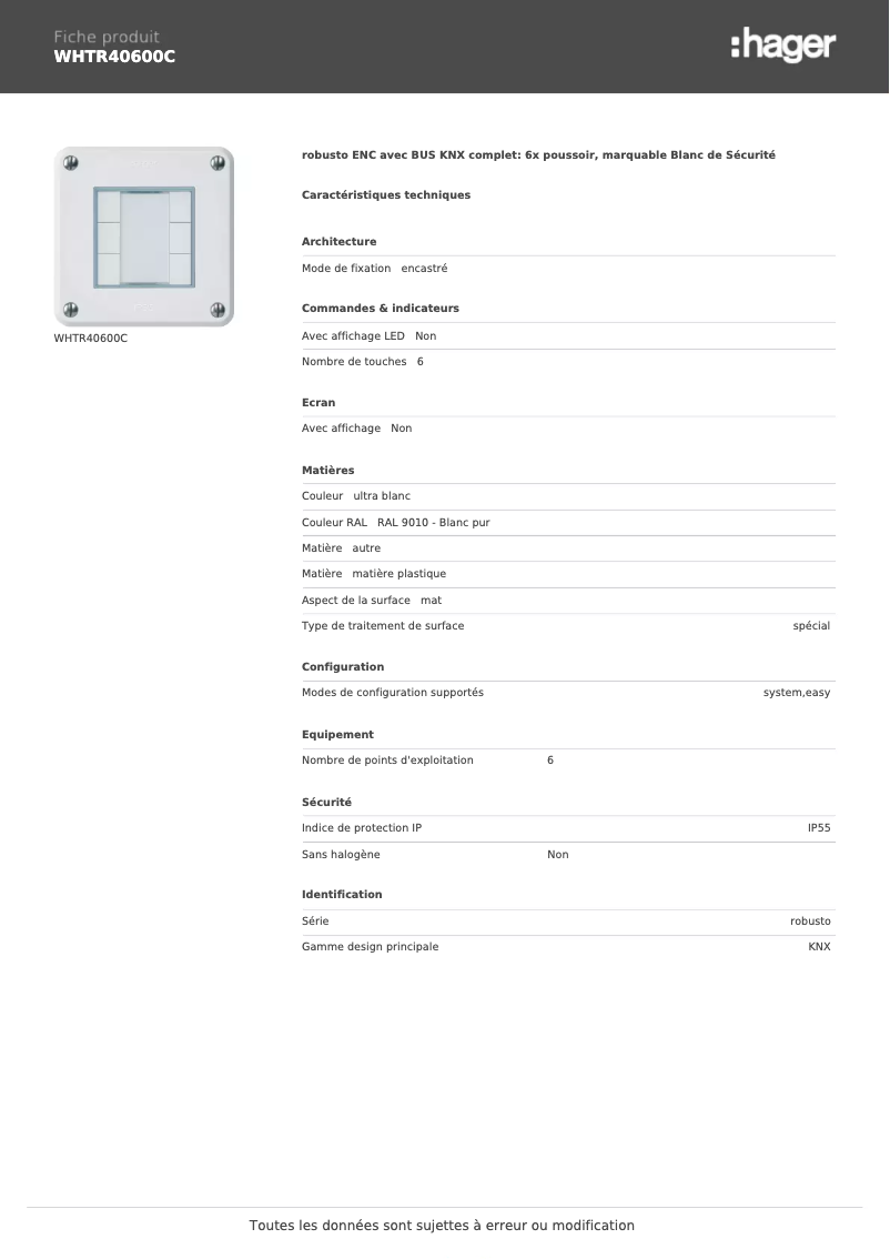 Page n°1 - Fiche technique Hager WHTR40600C