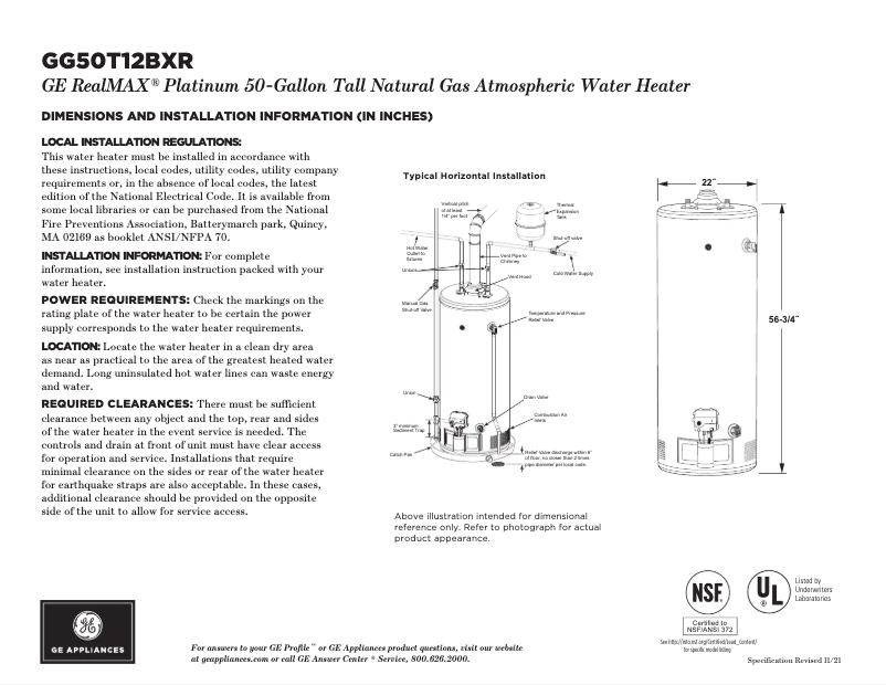 Page n°1 - Fiche technique GE GG50T12BXR