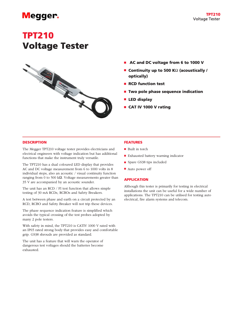 Página 1 del manual Ficha técnica Megger TPT210