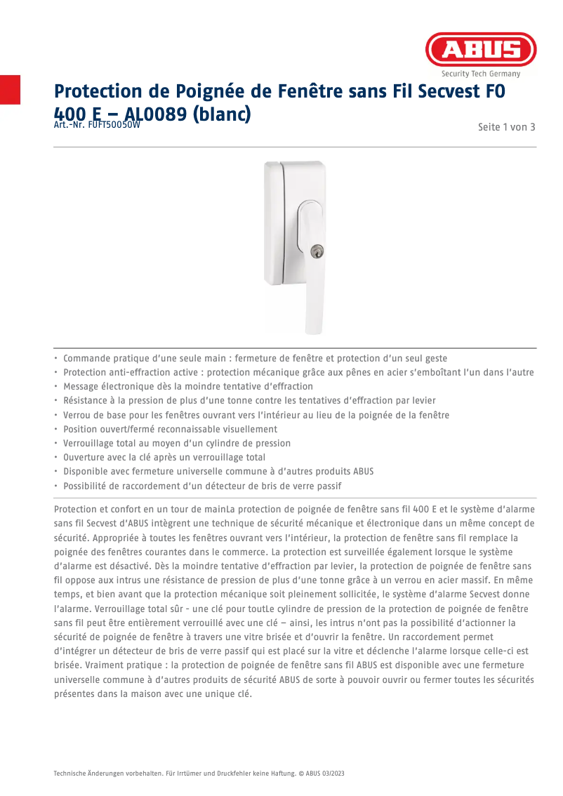 Page 1 de la notice Fiche technique Abus FUFT50050W