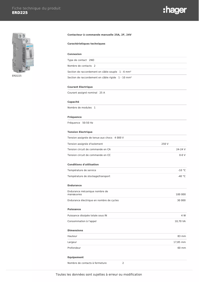 Page 1 de la notice Fiche technique Hager ERD225