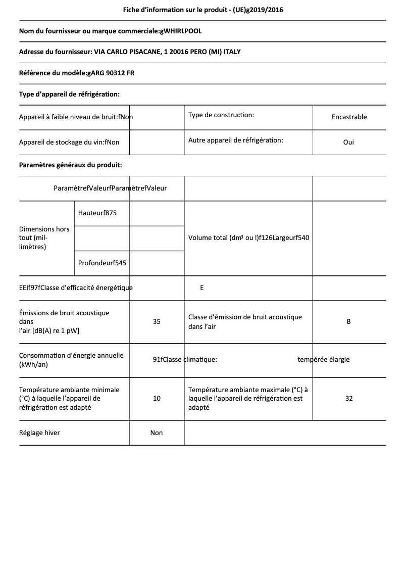 Page 1 de la notice Fiche technique Whirlpool ARG 90312 FR