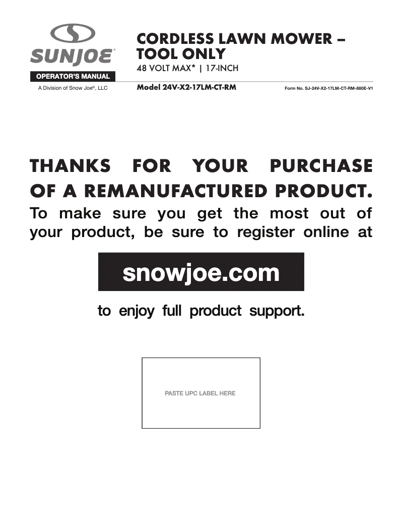 Page 1 de la notice Manuel utilisateur Sun Joe 24V-X2-17LM-CT-RM