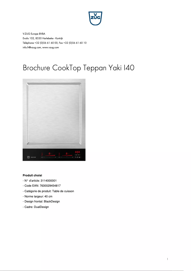 Imagen de la primera página del manual del dispositivo CookTop Teppan Yaki I40