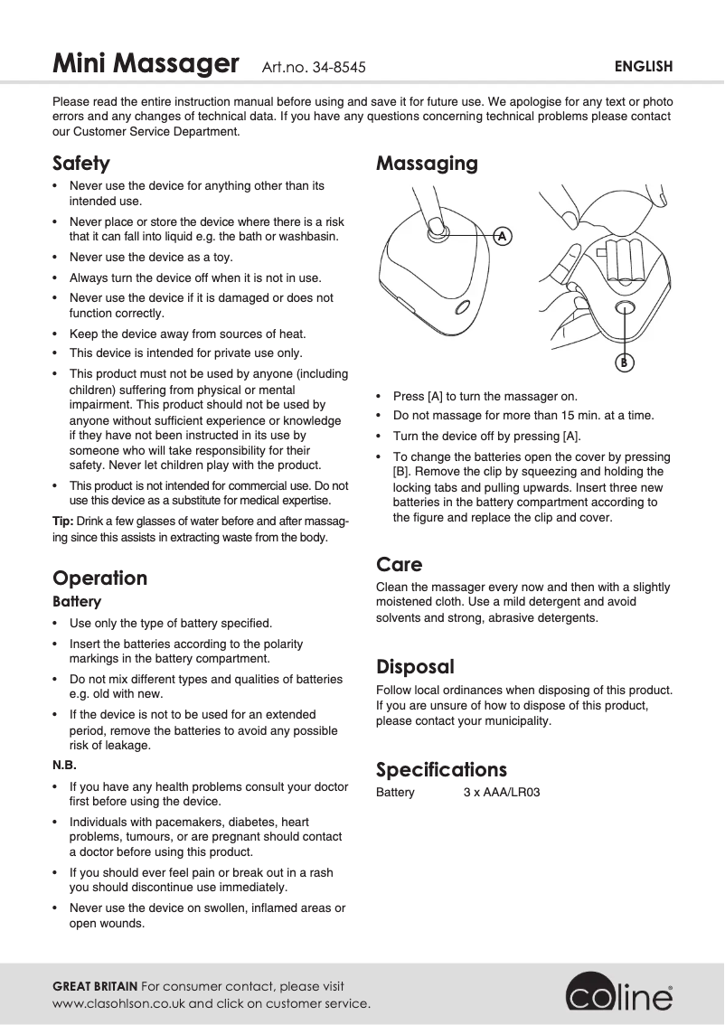 Page 1 of the manual User Manual Coline 34-8545