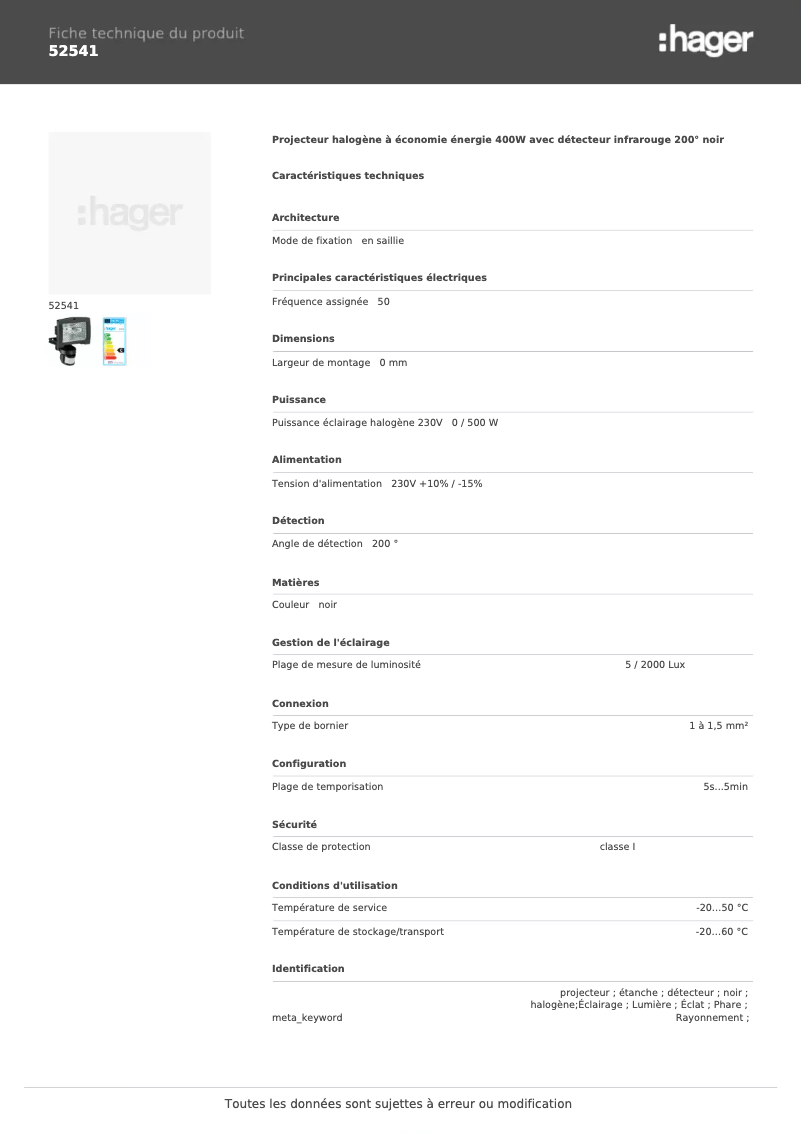 Page 1 de la notice Fiche technique Hager 52541