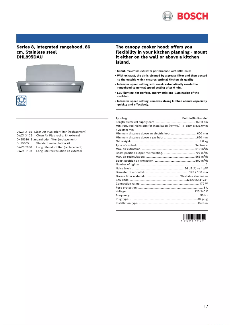 Page 1 de la notice Fiche technique Bosch DHL895DAU