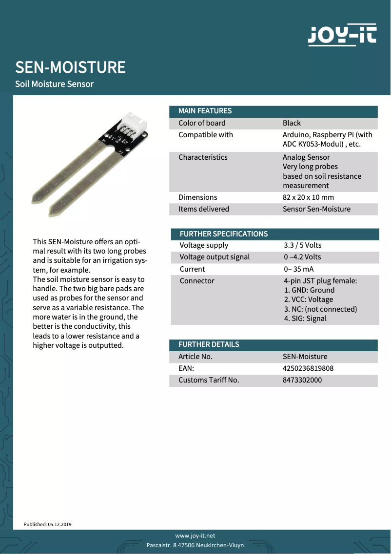 Page n°1 - Fiche technique Joy-It SEN-Moisture