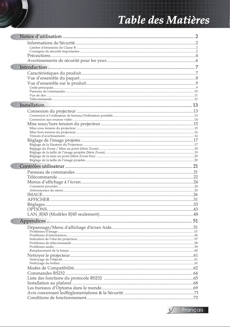 Page 1 de la notice Mode d'emploi Optoma ES522