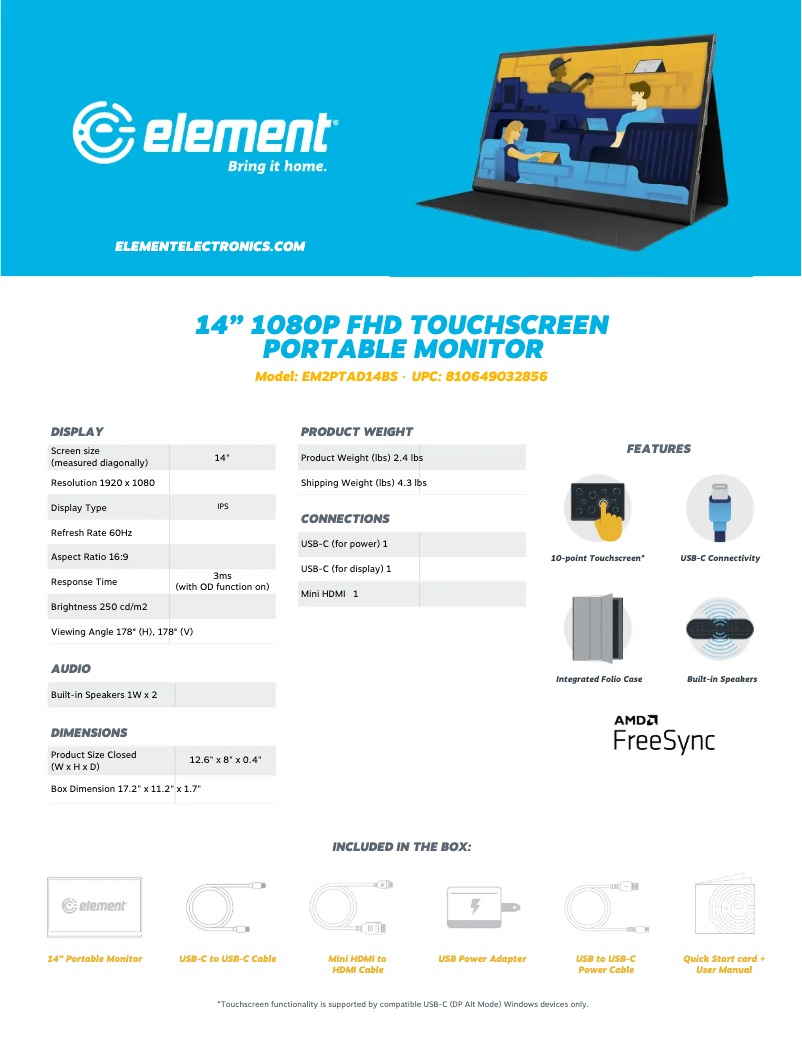 Page 1 de la notice Fiche technique Element EM2PTAD14BS