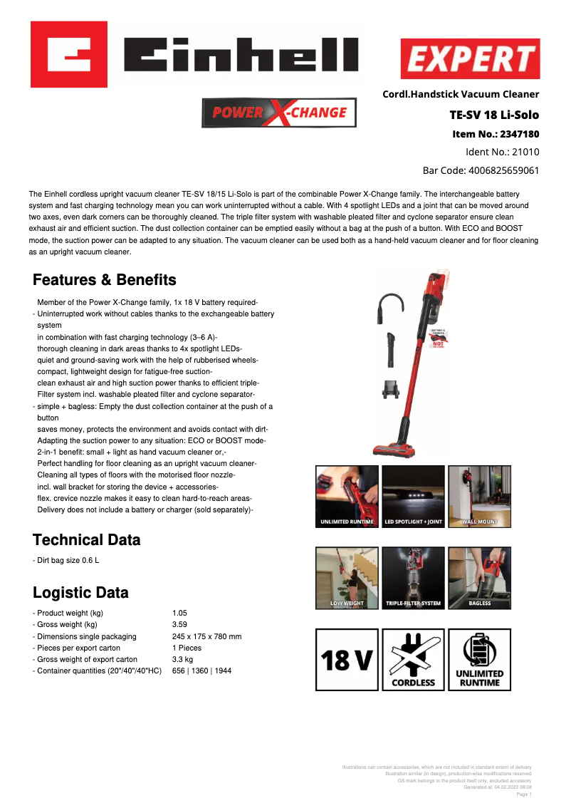 Page 1 of the manual Technical Sheet Einhell TE-SV 18 Li