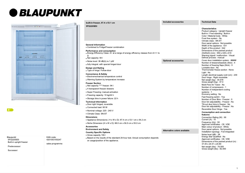 Página 1 del manual Ficha técnica Blaupunkt 5FG220SE0