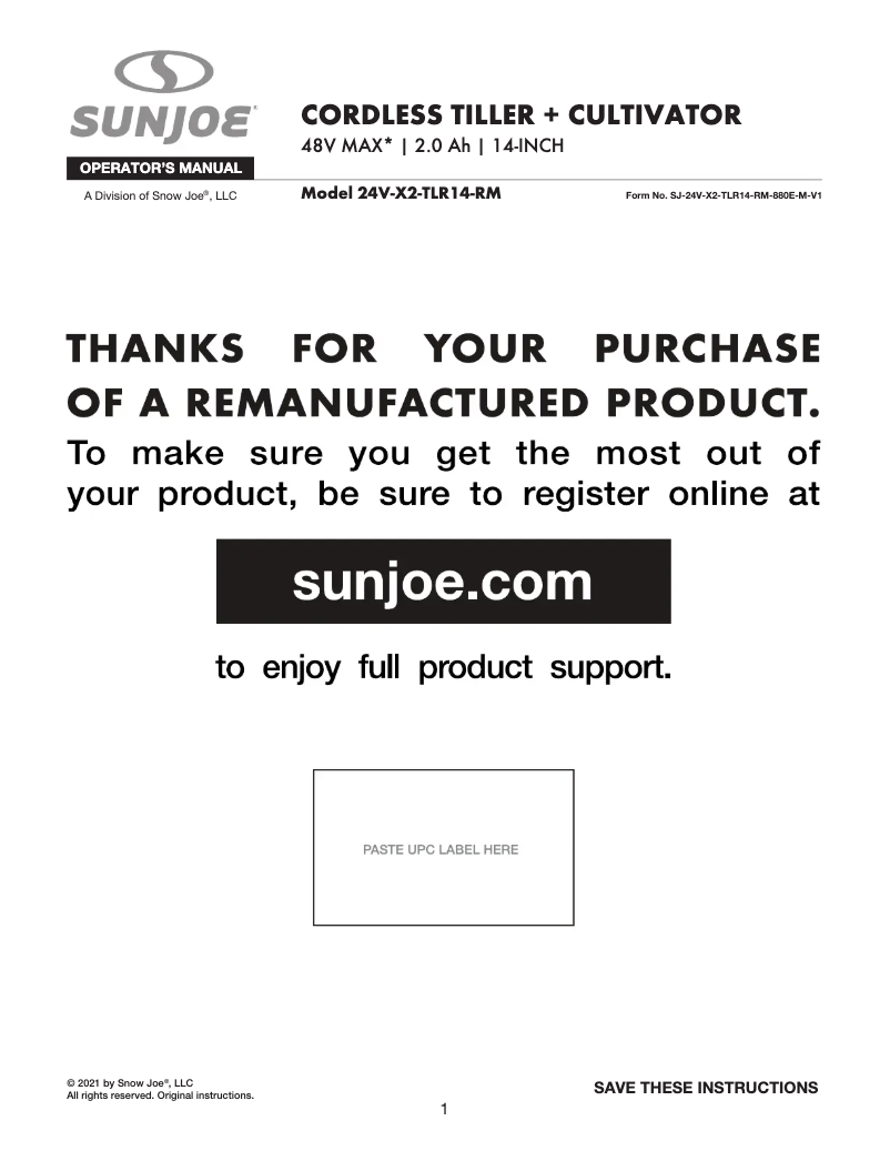 Page n°1 - Manuel utilisateur Sun Joe 24V-X2-TLR14-RM