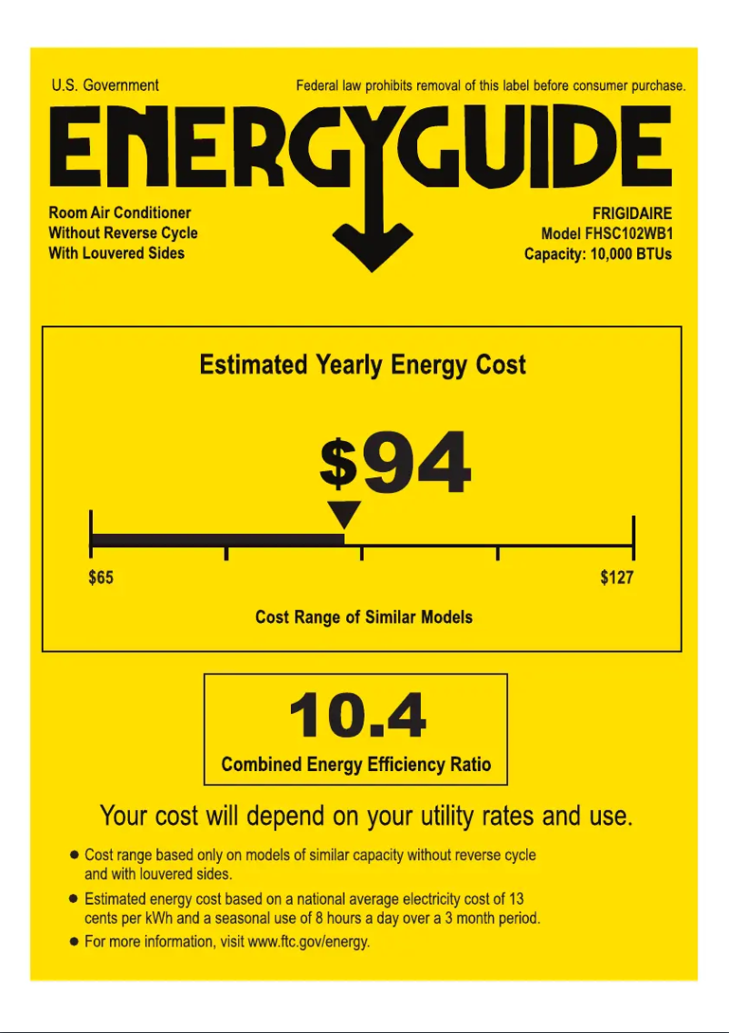 Page 1 de la notice Label énergétique Frigidaire FHSC102WB1
