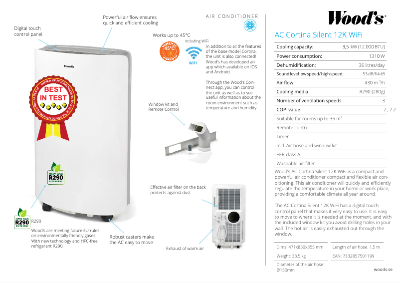 Página 1 del manual Ficha técnica Wood's Cortina Silent 12K WiFi