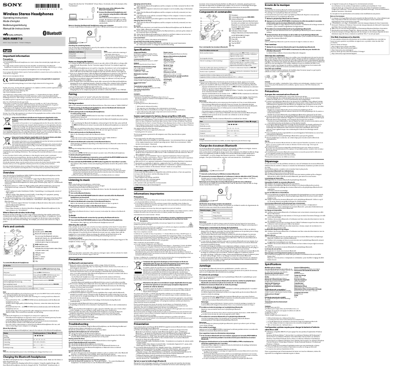 Page 1 de la notice Manuel utilisateur Sony MDR-NWBT10