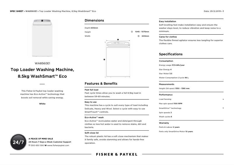 Page n°1 - Fiche technique Fisher & Paykel WA8560E1