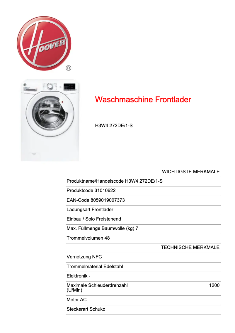 Page 1 de la notice Fiche technique Hoover H3W4 272DE/1-S
