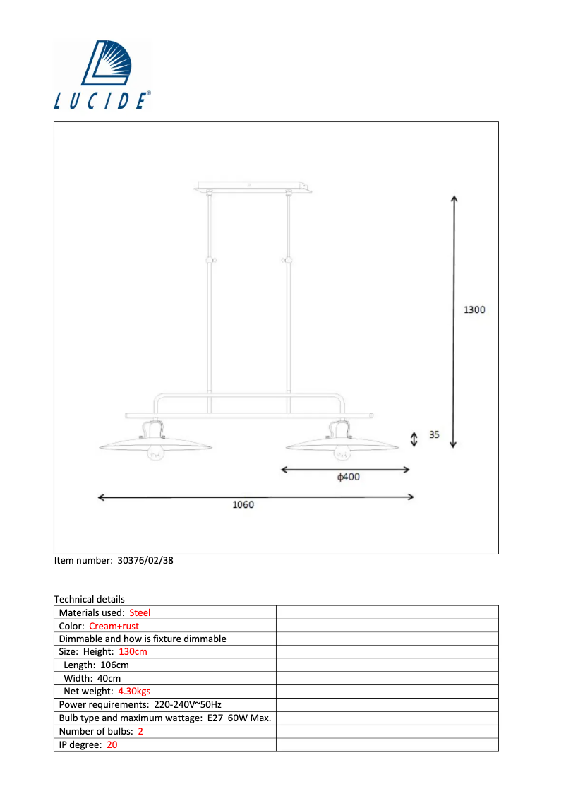Page 1 de la notice Manuel utilisateur Lucide Römer 30376/02/38