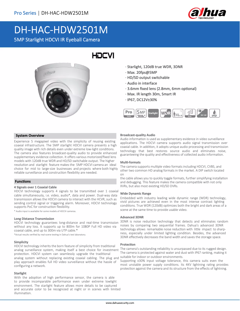Page 1 de la notice Fiche technique Dahua Technology HAC-HDW2501M