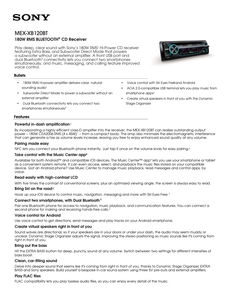 Page 1 de la notice Fiche technique Sony MEX-XB120BT