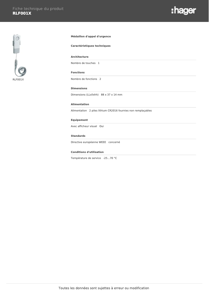 Page 1 de la notice Fiche technique Hager RLF001X