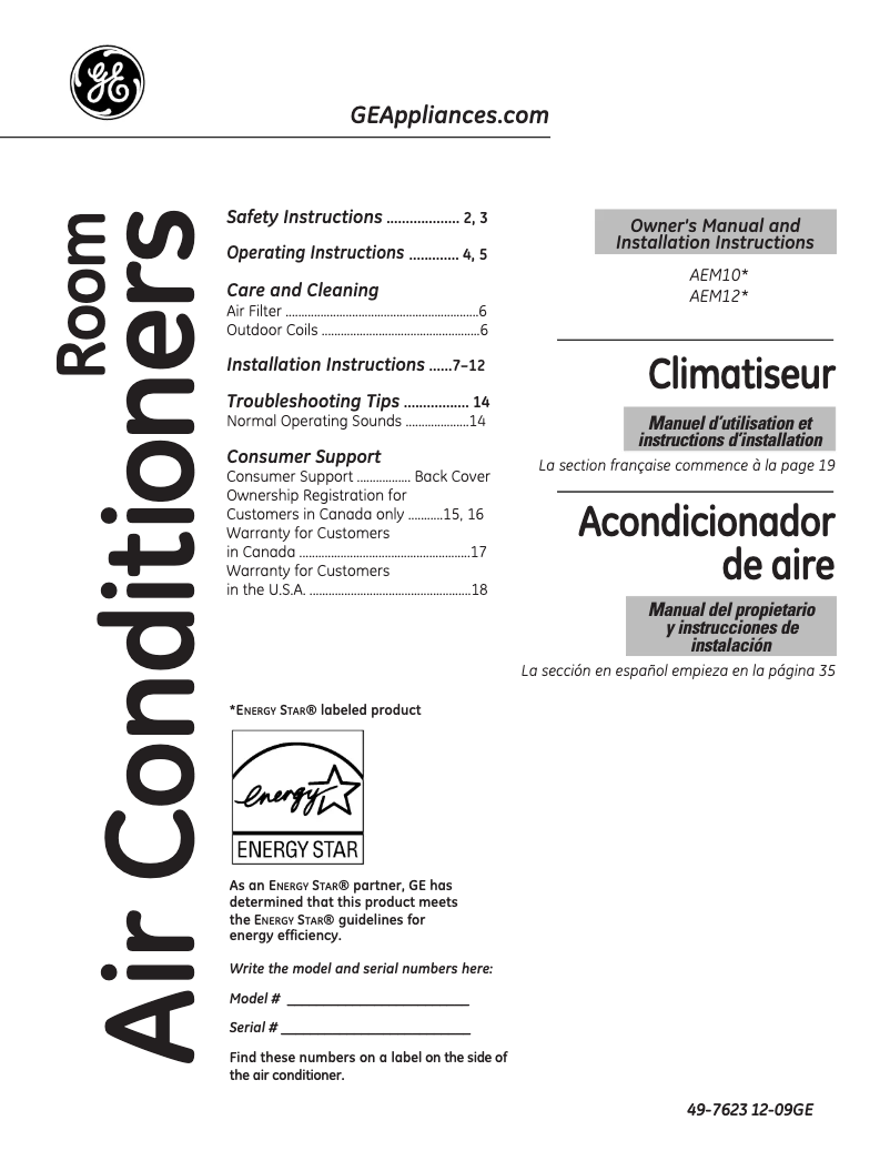 Page 1 de la notice Manuel d'utilisation et d'entretien GE AEM12AM