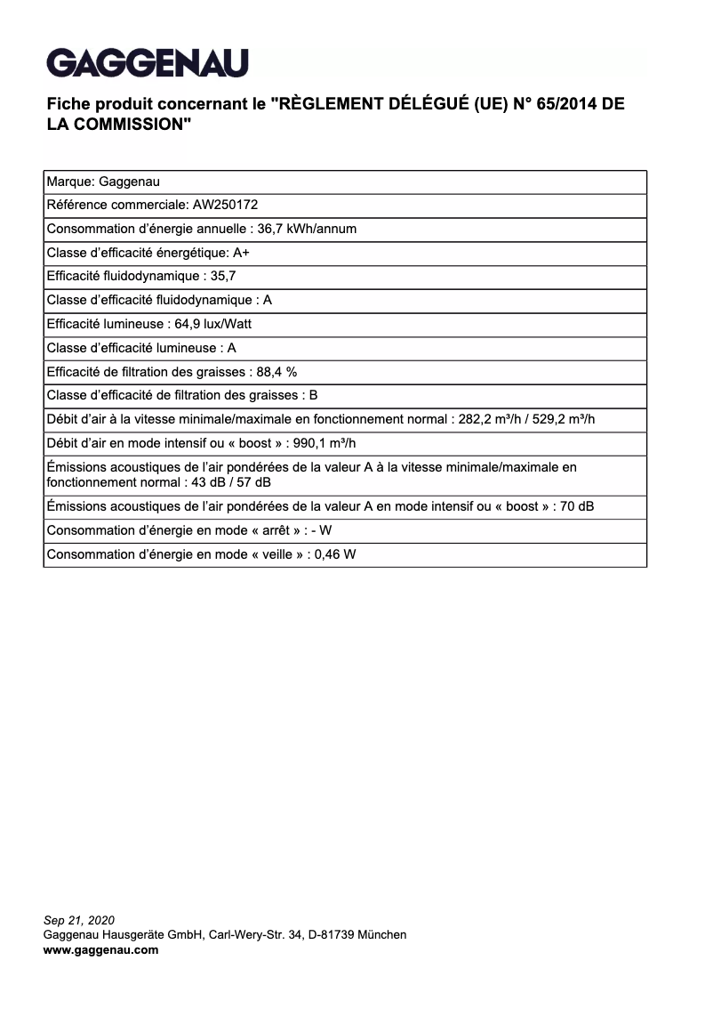 Página 1 del manual Ficha técnica Gaggenau AW250172