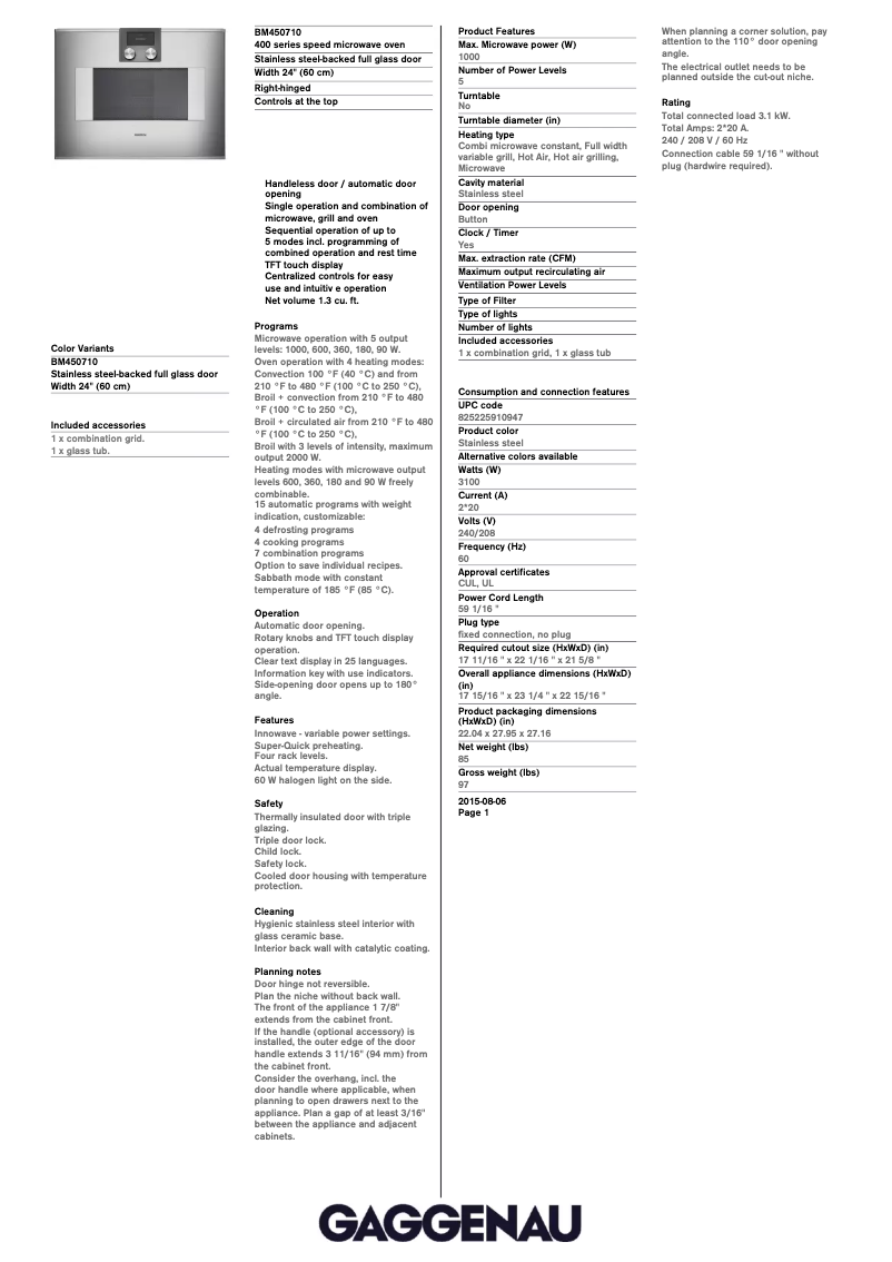 Página 1 del manual Ficha técnica Gaggenau BM451710