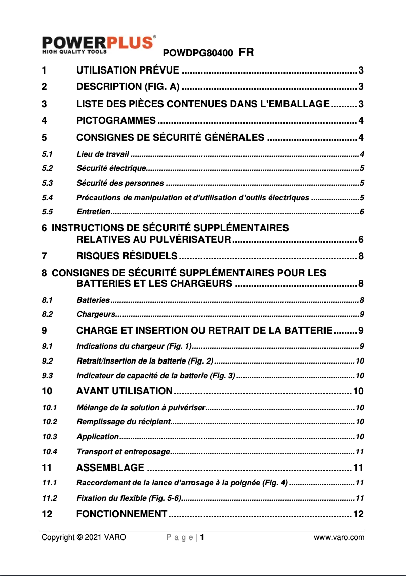 Page 1 de la notice Manuel utilisateur PowerPlus POWDPG80400