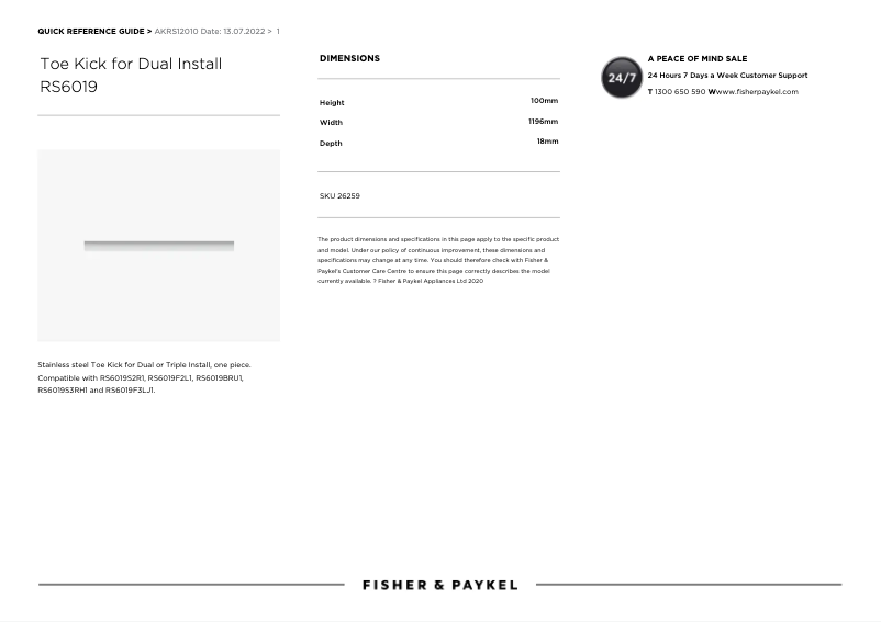 Page 1 de la notice Manuel utilisateur Fisher & Paykel AKRS12010