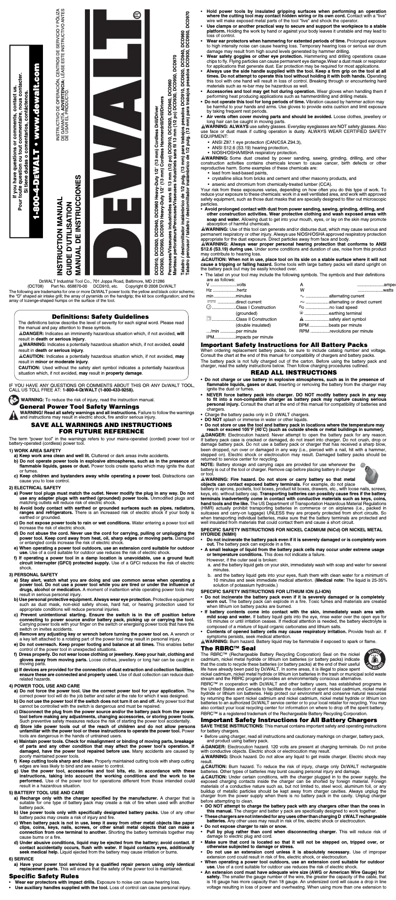 Page 1 de la notice Manuel utilisateur DeWalt DCD910KX